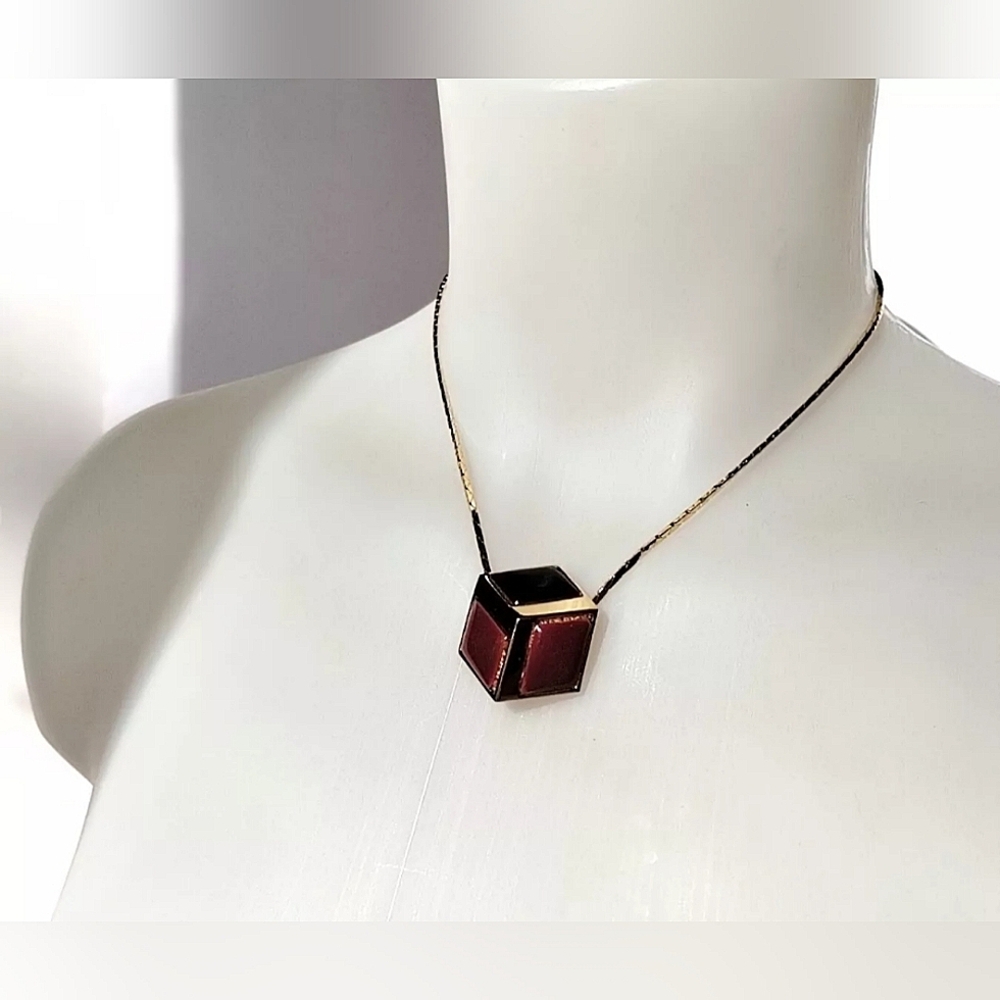 Vintage 80s Givenchy Gold Tone Enamel Cube Necklace Black Mauve Disco Modernist
